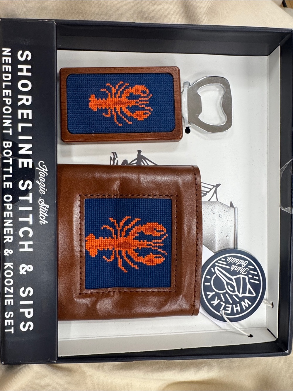 Shoreline Navy & Orange Needlepoint Bottle Opener and Koozie Gift Set